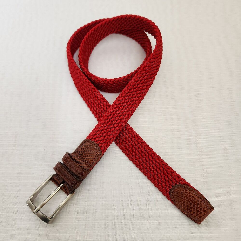 Belt Mens 36 Red Braided Stretch Leather Snake Tab Solid Silver Brass Buckle